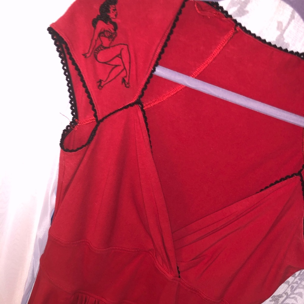 pinup couture red v-neck dress with embroidery
